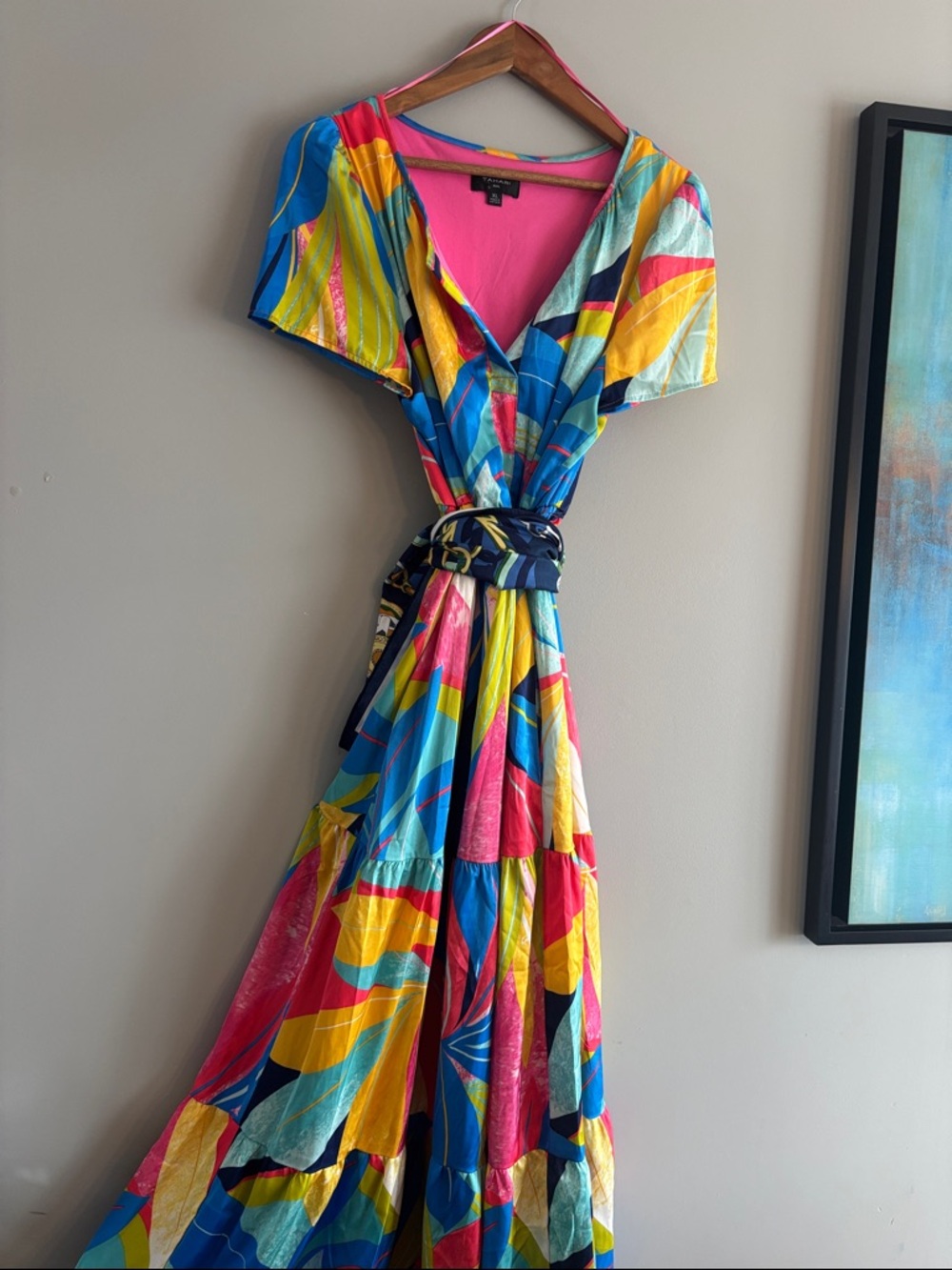 Tahari Multicolor Abstract Print Maxi Dress - Blue Pink Yellow